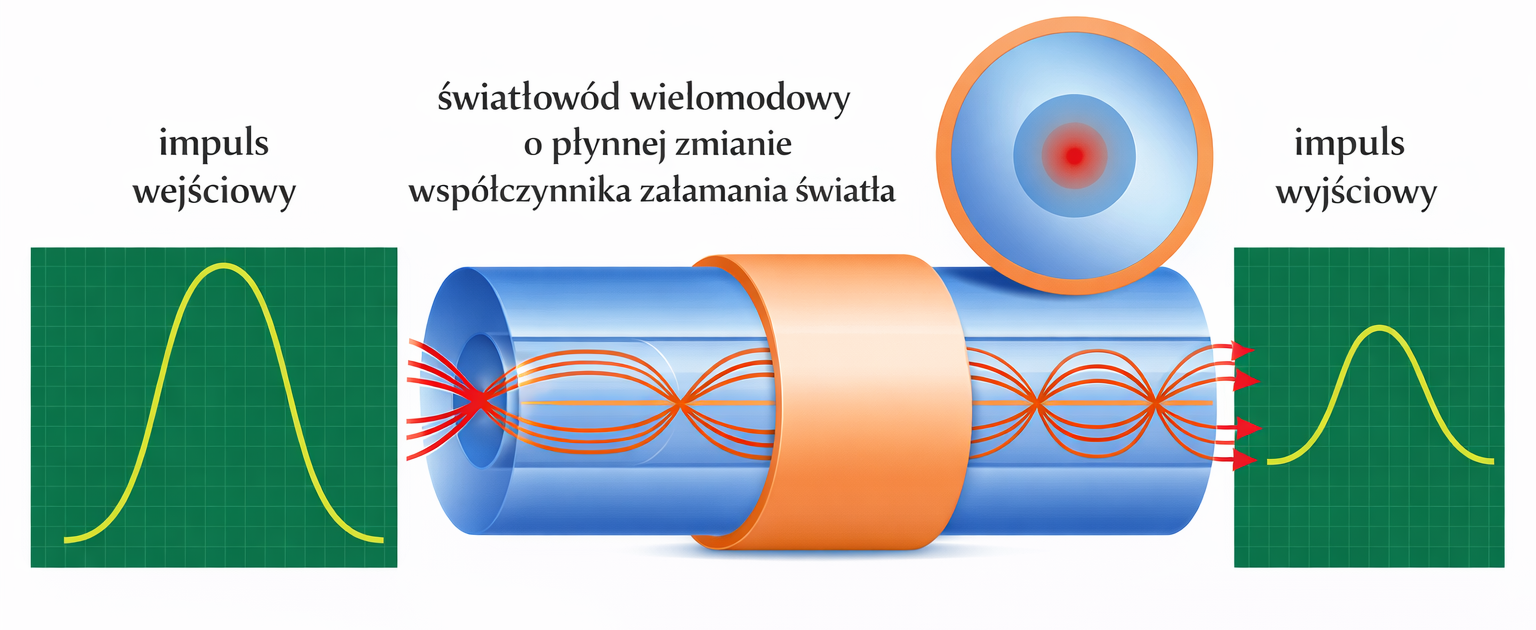 Światłowód wielomodowy gradientowy: rdzeń, płaszcz, sinusoidalne promienie i niezmieniony impuls wyjściowy.
